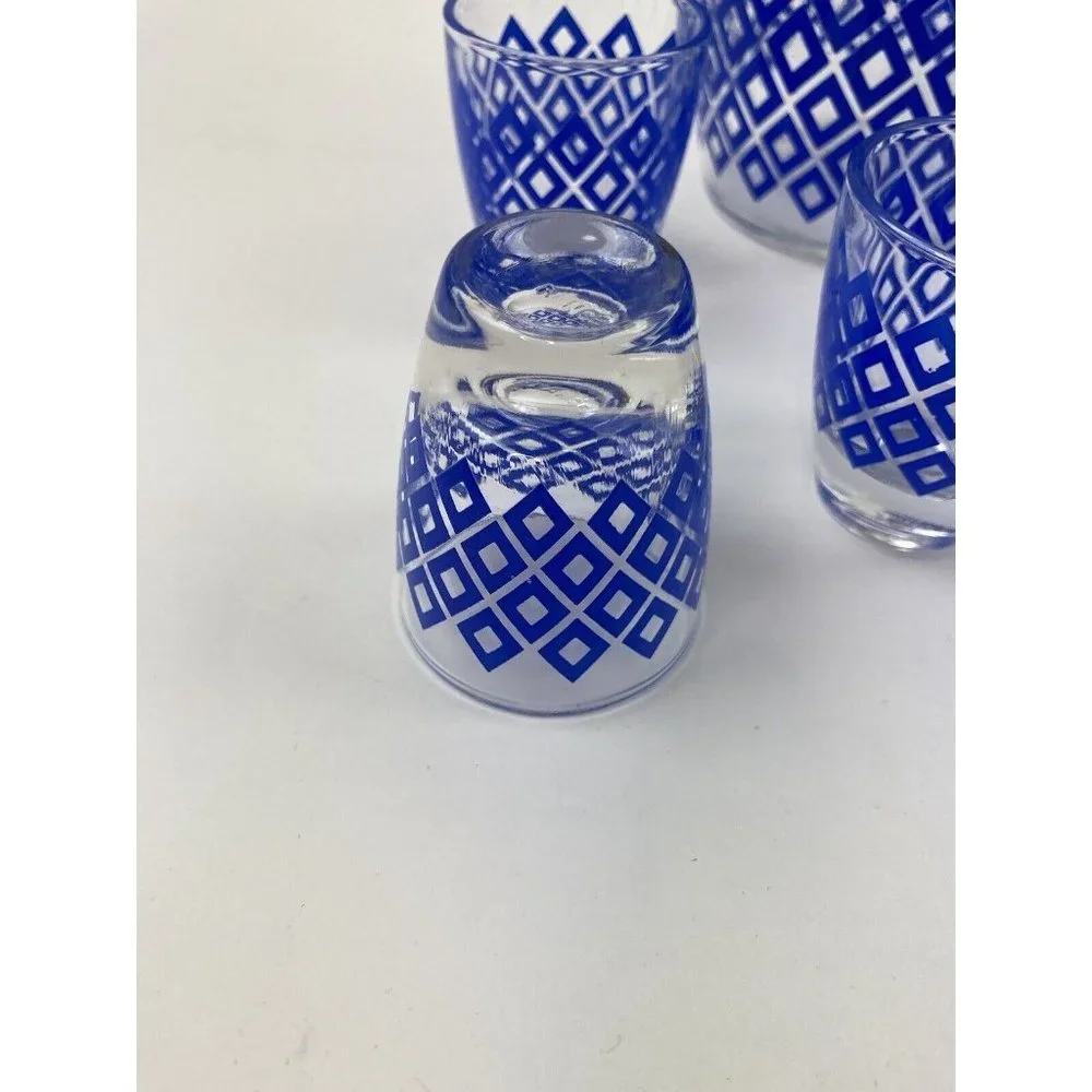 French Liquor Wine Decanter & 6 Shot Glasses Blue Diamond Pattern Barware Bar